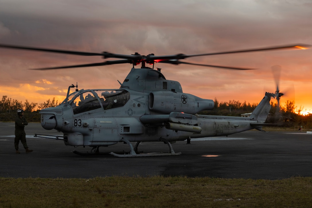 A U.S. Marine Corps AH-1Z Viper with Marine Light Attack Helicopter Squadron (HMLA) 269, Marine Aircraft Group 29, 2nd Marine Aircraft Wing, lands during MAG-29 Distributed Aviation Operations Exercise at the U.S. Navy’s Atlantic Undersea Test and Evaluation Center, Andros Island, The Bahamas, Feb. 13, 2026. MAG-29 DAO Exercise is a multi-week exercise designed to distribute command and control of aviation forces, pushing authorities to the lowest levels while keeping forces moving between airfields and air sites. MAG-29 DAO is set to take place across the southeastern U.S. and the Caribbean, including North Carolina, South Carolina, Georgia, Florida and The Bahamas. (U.S. Marine Corps photo by Lance Cpl. Bryan Giraldo)