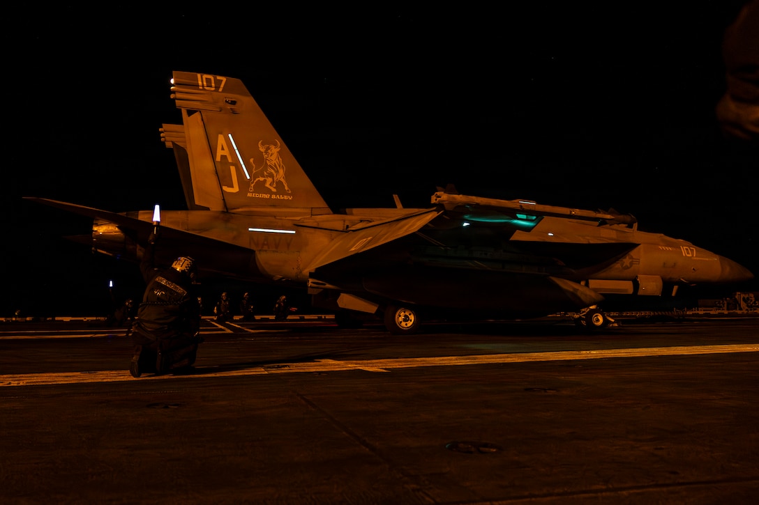 U.S. Sailors signal the launch of an F/A-18E Super Hornet aircraft, attached to Strike Fighter Squadron 37, from the flight deck of the world’s largest aircraft carrier, USS Gerald R. Ford (CVN 78), while operating in the Eastern Mediterranean Sea in support of Operation Epic Fury, March 2, 2026. (U.S. Navy photo)