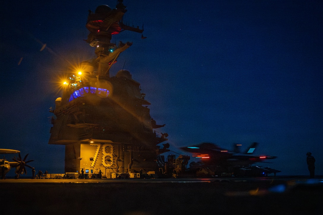 A Carrier Air Wing 8 F/A-18 Super Hornet aircraft lands on the flight deck of the world’s largest aircraft carrier, USS Gerald R. Ford (CVN 78), while operating in the Eastern Mediterranean Sea, in support of Operation Epic Fury, March 2, 2026. (U.S. Navy photo)