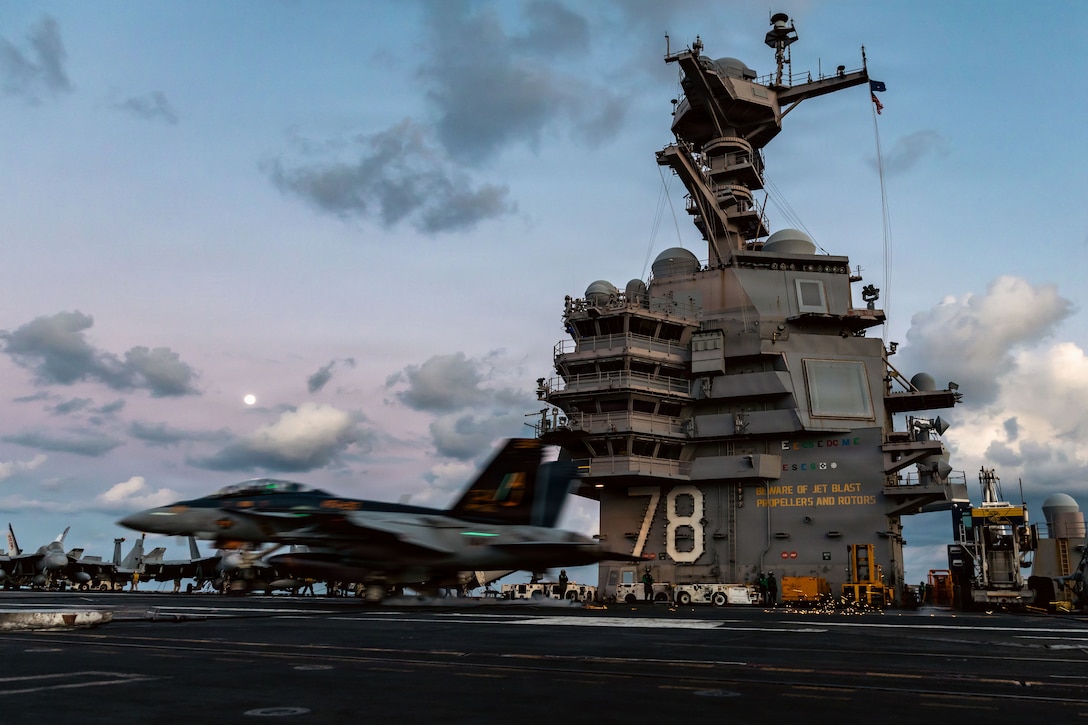 An F/A-18F Super Hornet aircraft, attached to Strike Fighter Squadron 213, lands on the flight deck of the world’s largest aircraft carrier, USS Gerald R. Ford (CVN 78), while operating in the Eastern Mediterranean Sea in support of Operation Epic Fury, March 2, 2026. (U.S. Navy photo)