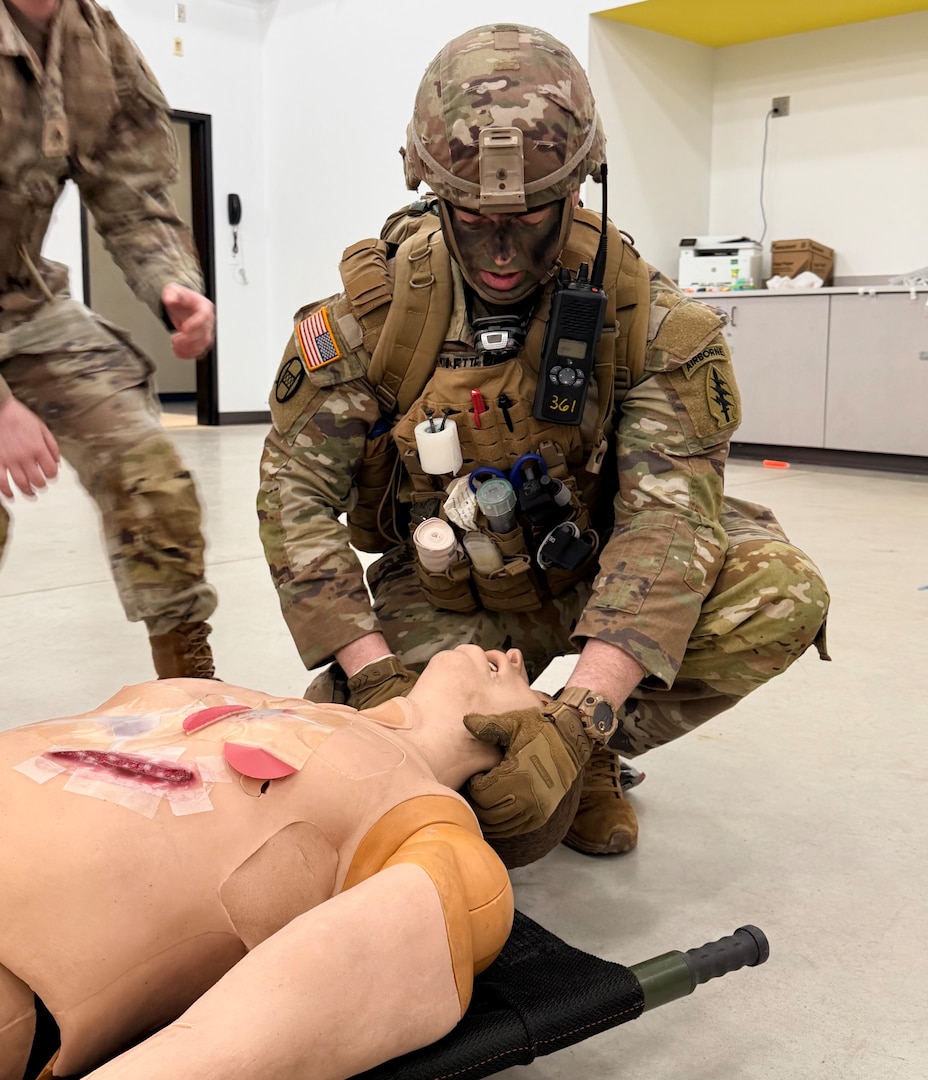 photo of soldier performing medical training during a medic recertification course.