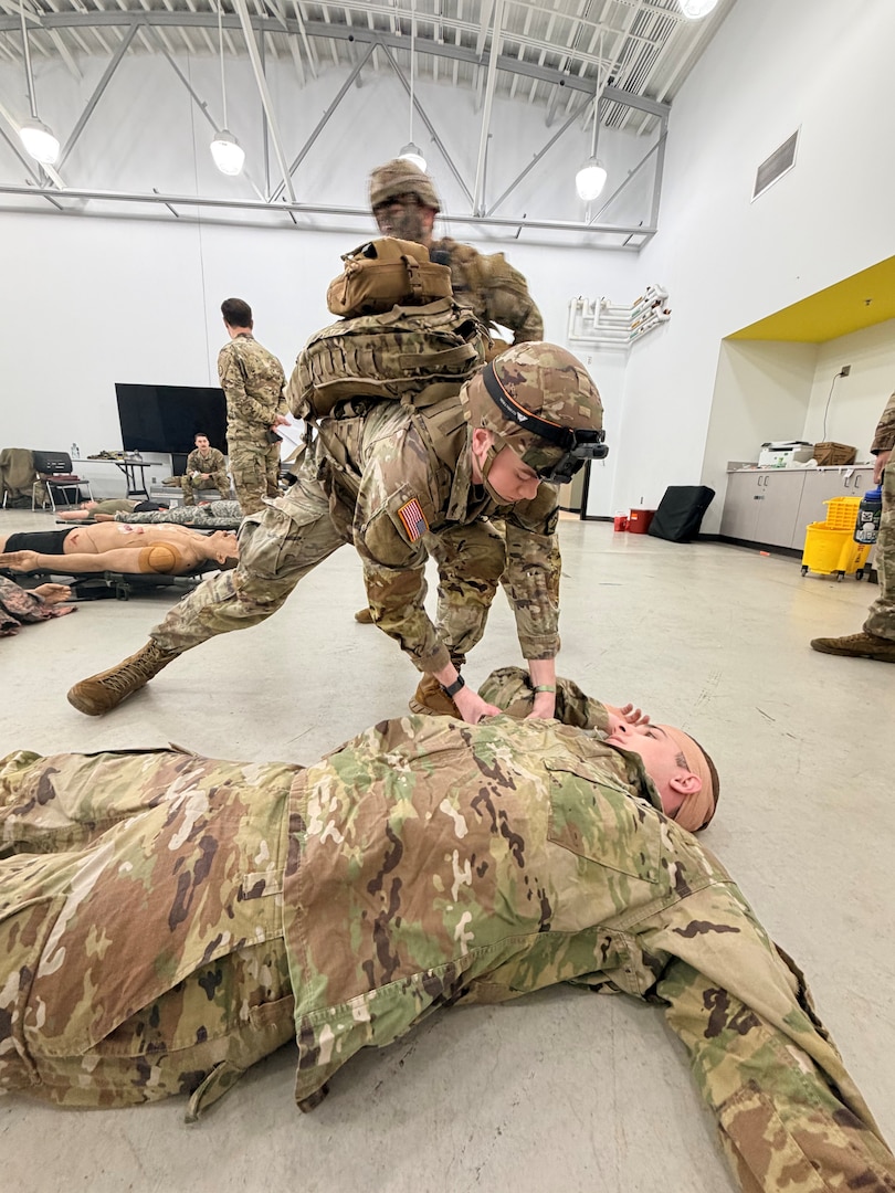photo of soldier performing medical training during a medic recertification course.