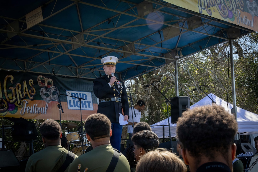 U.S. Marine Corps Col. Michael Brennan, chief of staff, Marine Forces Reserve, gives opening remarks at the Algiers Mardi Gras Festival in New Orleans, Feb. 28, 2026. The Algiers Point neighborhood in New Orleans has served as the headquarters of MFR since 2011. The Algiers Mardi Gras Festival is a celebration designed to unite diverse organizations and foster a strong sense of community. (U.S. Marine Corps photo by Lance Cpl. Jazmin Sierra)