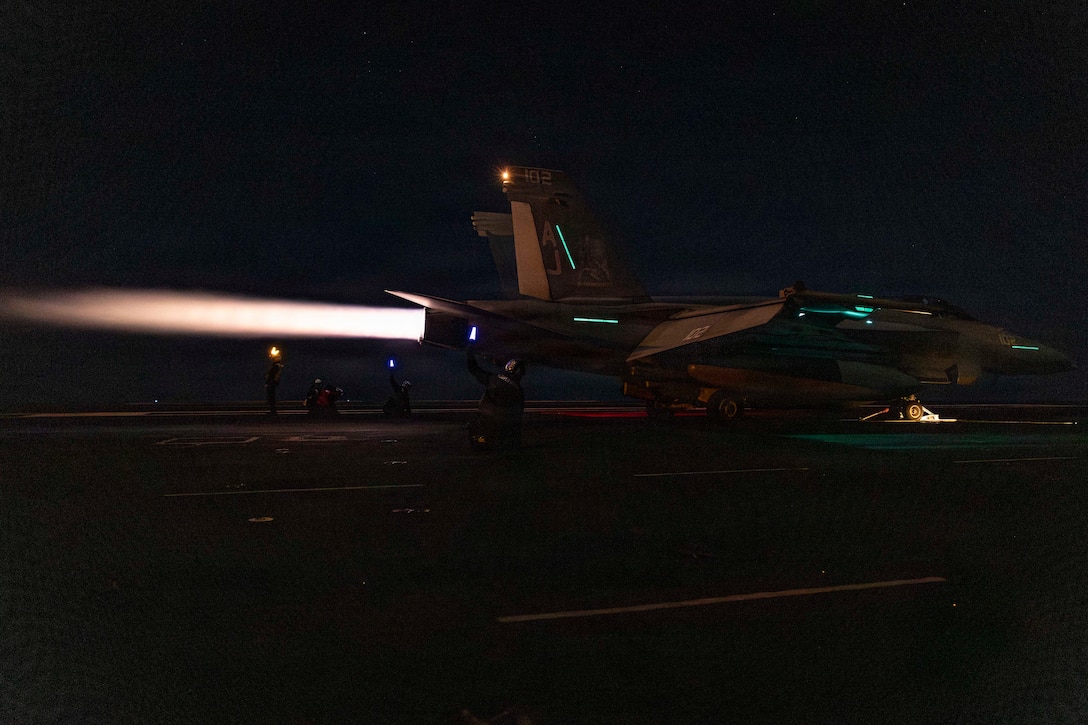 U.S. Sailors signal the launch of an F/A-18E Super Hornet aircraft, attached to Strike Fighter Squadron 37, from the flight deck of the world’s largest aircraft carrier, USS Gerald R. Ford (CVN 78), while operating in the Eastern Mediterranean Sea in support of Operation Epic Fury, March 2, 2026. (U.S. Navy photo)