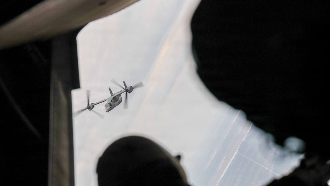 An MV-22B Osprey with Marine Medium Tiltrotor Squadron (VMM) 365 (Reinforced), 24th Marine Expeditionary Unit, takes flight during a tactical recovery of aircraft and personnel full mission profile during the MEU’s certification exercise near Marine Corps Air Station New River, North Carolina, Feb. 18, 2026. CERTEX is a land-based pre-deployment exercise that enhances the integration and collective capability of the Marine Air-Ground Task Force while providing the 24th MEU with an opportunity to train and execute operations in any clime, or place. (U.S. Marine Corps photo by Cpl. Daniel R. Garcia)