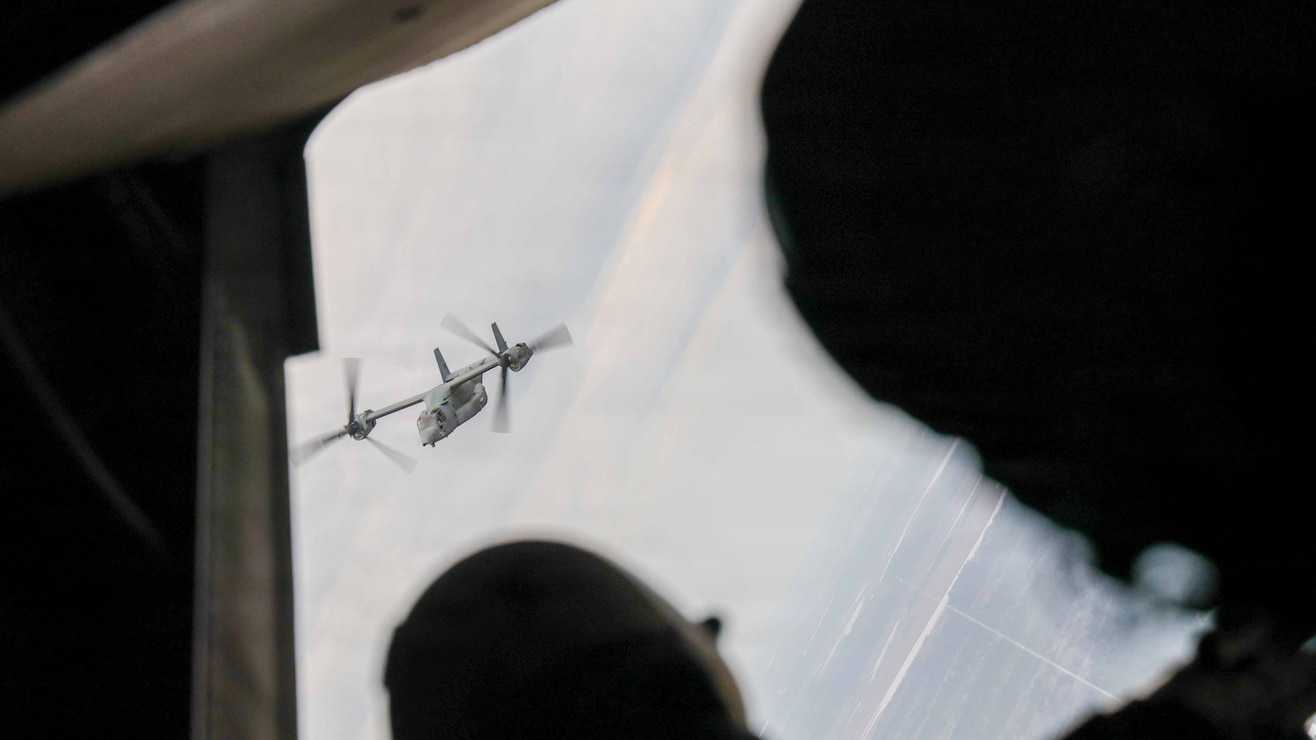 An MV-22B Osprey with Marine Medium Tiltrotor Squadron (VMM) 365 (Reinforced), 24th Marine Expeditionary Unit, takes flight during a tactical recovery of aircraft and personnel full mission profile during the MEU’s certification exercise near Marine Corps Air Station New River, North Carolina, Feb. 18, 2026. CERTEX is a land-based pre-deployment exercise that enhances the integration and collective capability of the Marine Air-Ground Task Force while providing the 24th MEU with an opportunity to train and execute operations in any clime, or place. (U.S. Marine Corps photo by Cpl. Daniel R. Garcia)