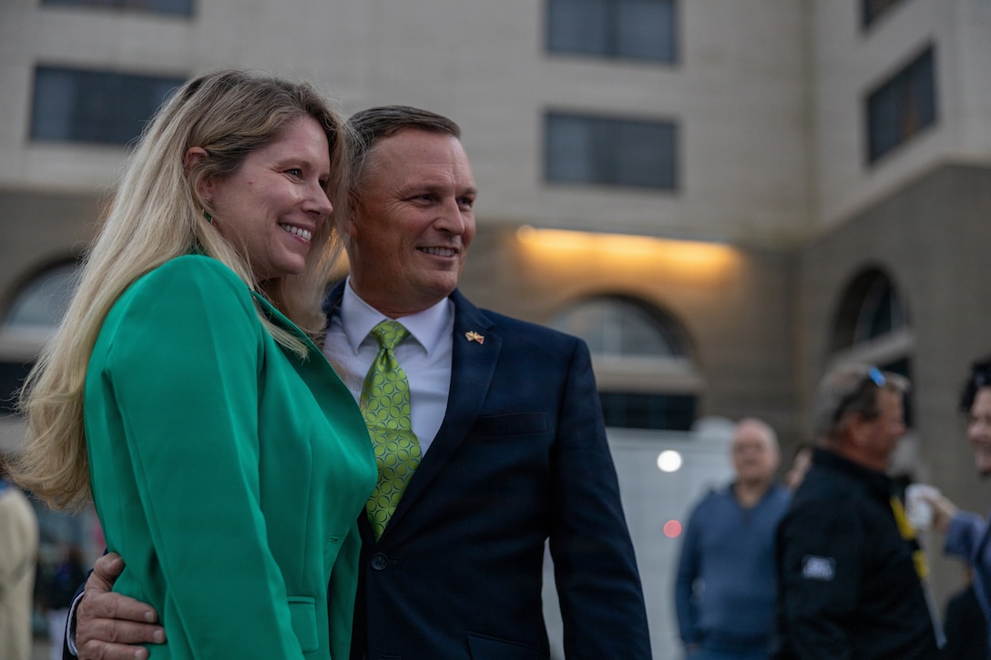 U.S. Marine Corps Lt. Gen. Leonard F. Anderson IV, commander of Marine Forces Reserve and Marine Forces South, poses for a photo his wife, Mrs. Amy Anderson during Lundi Gras Festival at Woldenberg Park, New Orleans, Feb. 16, 2026. Lt. Gen. Leonard F. Anderson IV celebrated Lundi Gras with the Zulu Social Aid and Pleasure Club and Rex organization, emphasizing the tradition and long-standing partnership built over the years. (U.S. Marine Corps photo by Sgt. Emely Gonzalez)