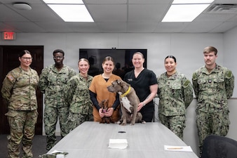 Soldiers from the Veterinary Readiness Activity, Fort Bragg, partnered with Navy Corpsmen from NMRTC Cherry Point to conduct training in Canine Tactical Combat Casualty Care at MCAS Cherry Point, Feb. 26, 2026. The training equipped Sailors with the skills needed to provide point-of-injury medical care to Military Working Dogs.