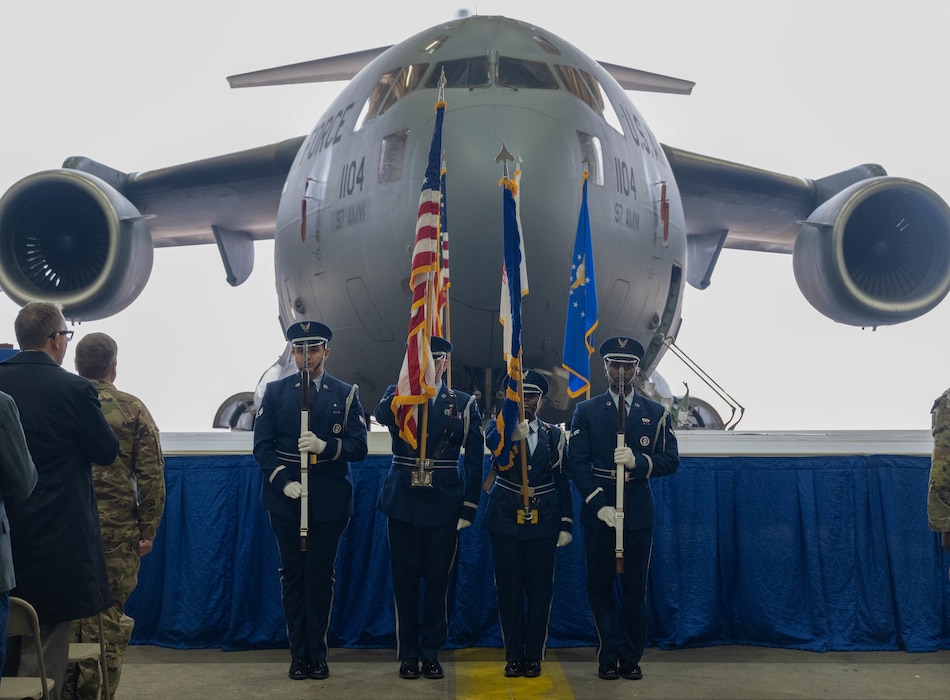 The Altus Air Force Base (AFB) Honor Guard presents the colors during a Joint Medals Ceremony, at Altus AFB, Oklahoma, March 4, 2026. The ceremony highlighted the unique joint partnership between Altus AFB’s 58th Airlift Squadron, the 97th Logistics Readiness Squadron and the 5-5 Air Defense Artillery Battalion, assigned to Fort Sill, recognizing members from each organization. (U.S. Air Force photo by Airman 1st Class Emma Wright)