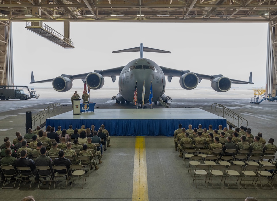 A U.S. Air Force C-17 Globemaster III aircraft is displayed during a Joint Medals Ceremony at Altus Air Force Base (AFB), Oklahoma, March 4, 2026. For over 20 years, Altus AFB’s 58th Airlift Squadron and the 97th Logistics Readiness Squadron have worked together to train members of the 5-5 Air Defense Artillery Battalion, assigned to Fort Sill) on proper C-17 loading procedures for a wide variety of Army combat vehicles. (U.S. Air Force photo by Airman 1st Class Emma Wright)