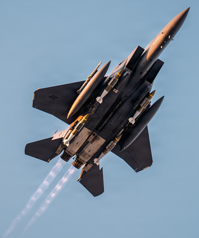 A U.S. Air Force F-15E takes flight in the Middle East in support of Operation Epic Fury, March 2, 2026. (U.S. Air Force Photo)