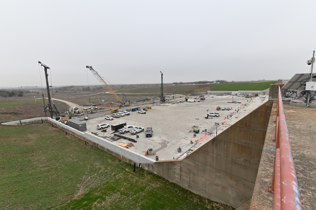 A view of the Lewisville Dam Safety Modification taken from the east side of the spillway.
