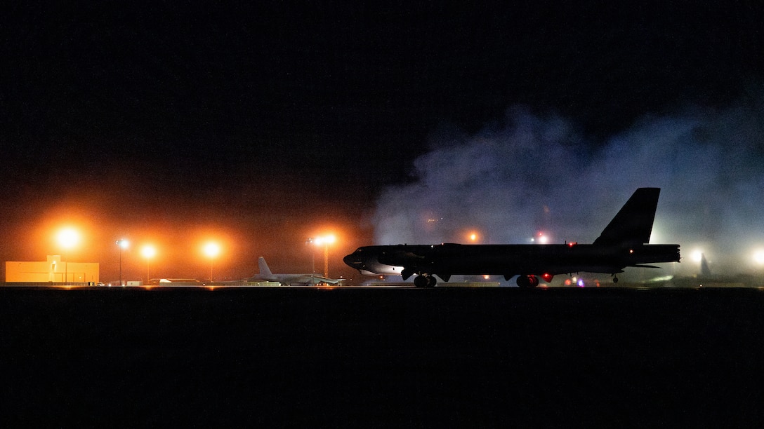 A U.S. Air Force B-52H Stratofortress bomber taxis for takeoff in support of Operation Epic Fury, March 2, 2026. (U.S. Air Force Photo)