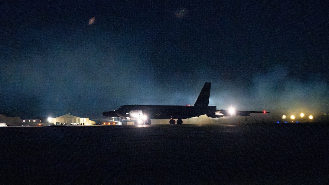 A U.S. Air Force B-52H Stratofortress bomber taxis for takeoff in support of Operation Epic Fury, March 2, 2026. (U.S. Air Force Photo)