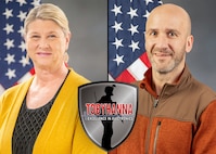 A side-by-side collage of two people posing for an official portrait in front of a gray background and American flag.