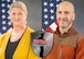A side-by-side collage of two people posing for an official portrait in front of a gray background and American flag.