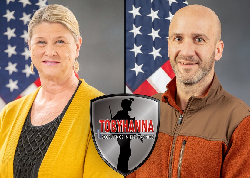 A side-by-side collage of two people posing for an official portrait in front of a gray background and American flag.