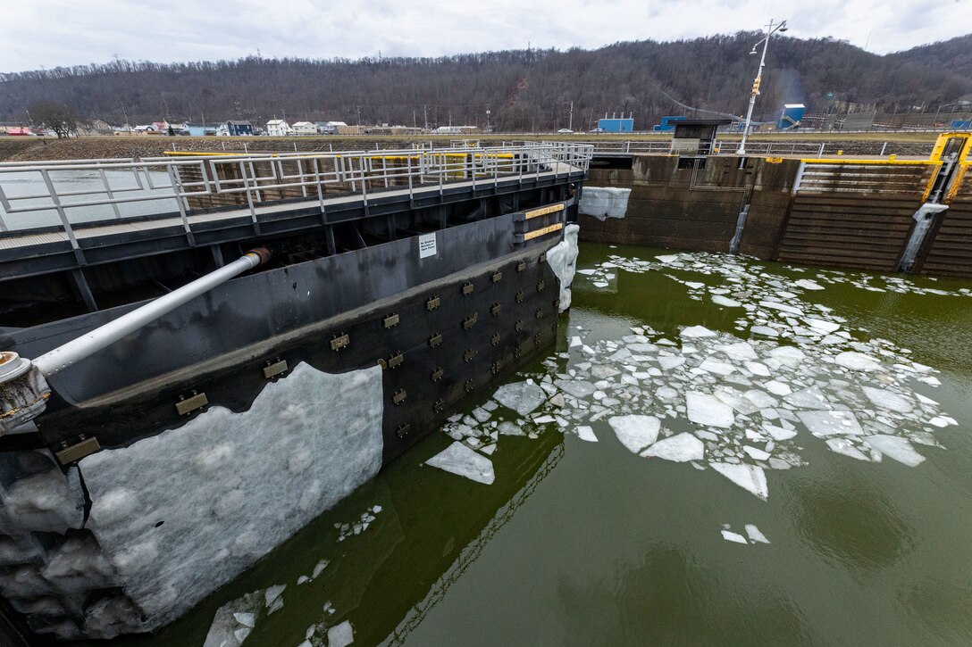 An ice-covered miter gate.
