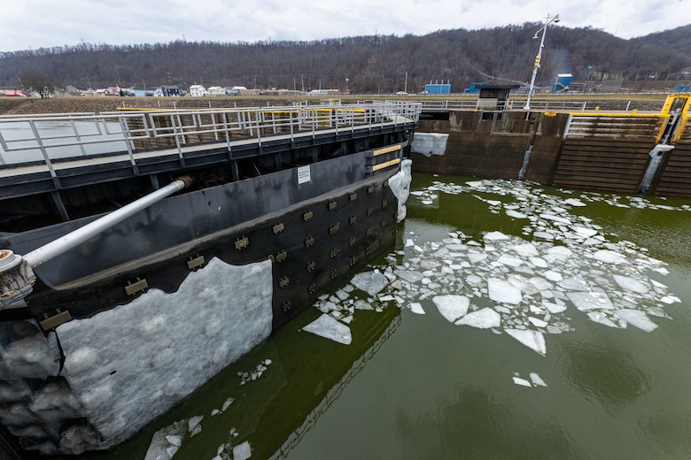 An ice-covered miter gate.
