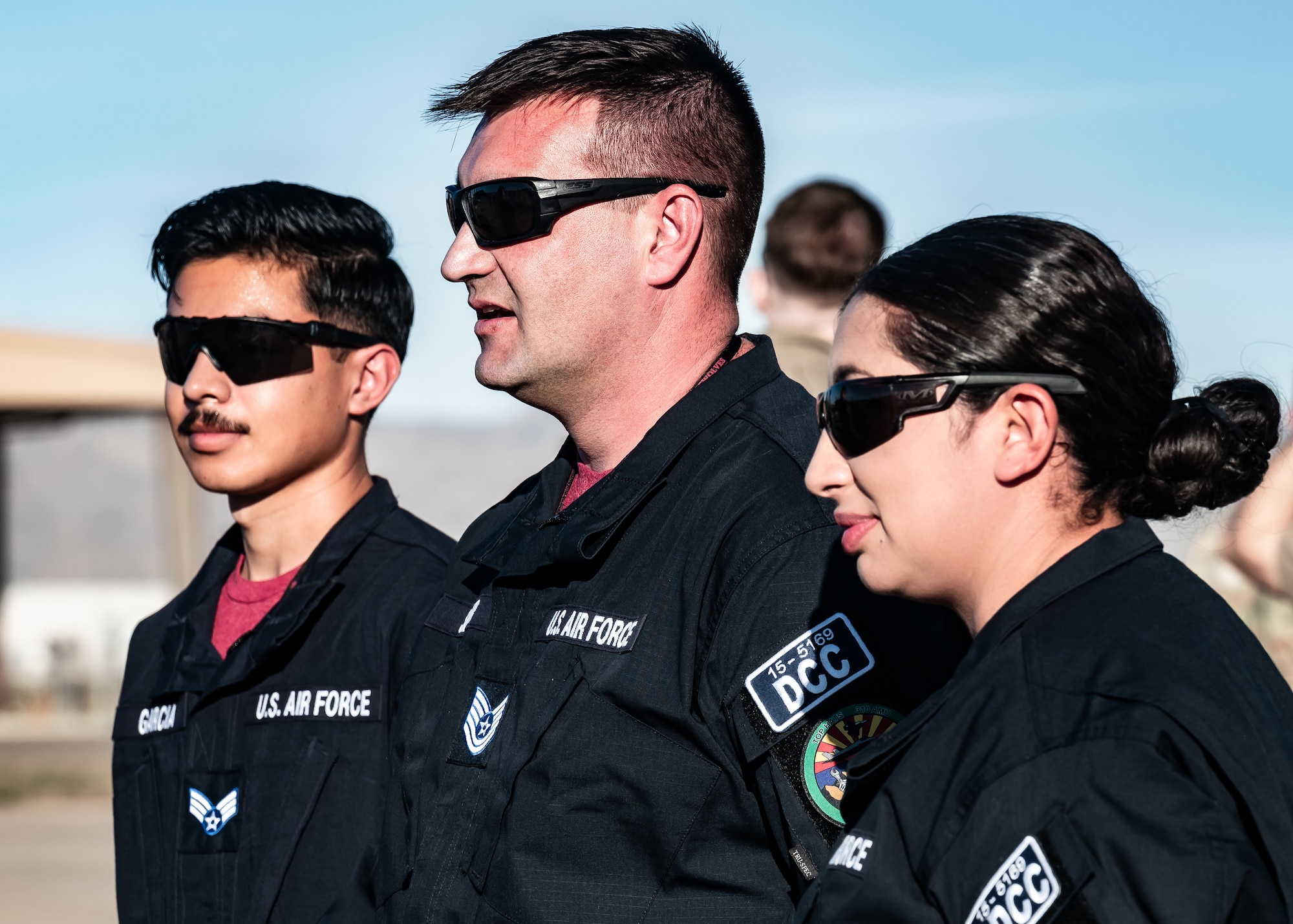U.S. Air Force Senior Airman Leonard Garcia (left), 310th Aircraft Maintenance Unit assistant F-35 dedicated crew chief, Tech. Sgt. Michael Seltzer (middle), 944th Fighter Wing F-35 dedicated crew chief, and Senior Airman Sugey Sanders (right), 944th Fighter Wing assistant F-35 dedicated crew chief, participate in a DCC Competition