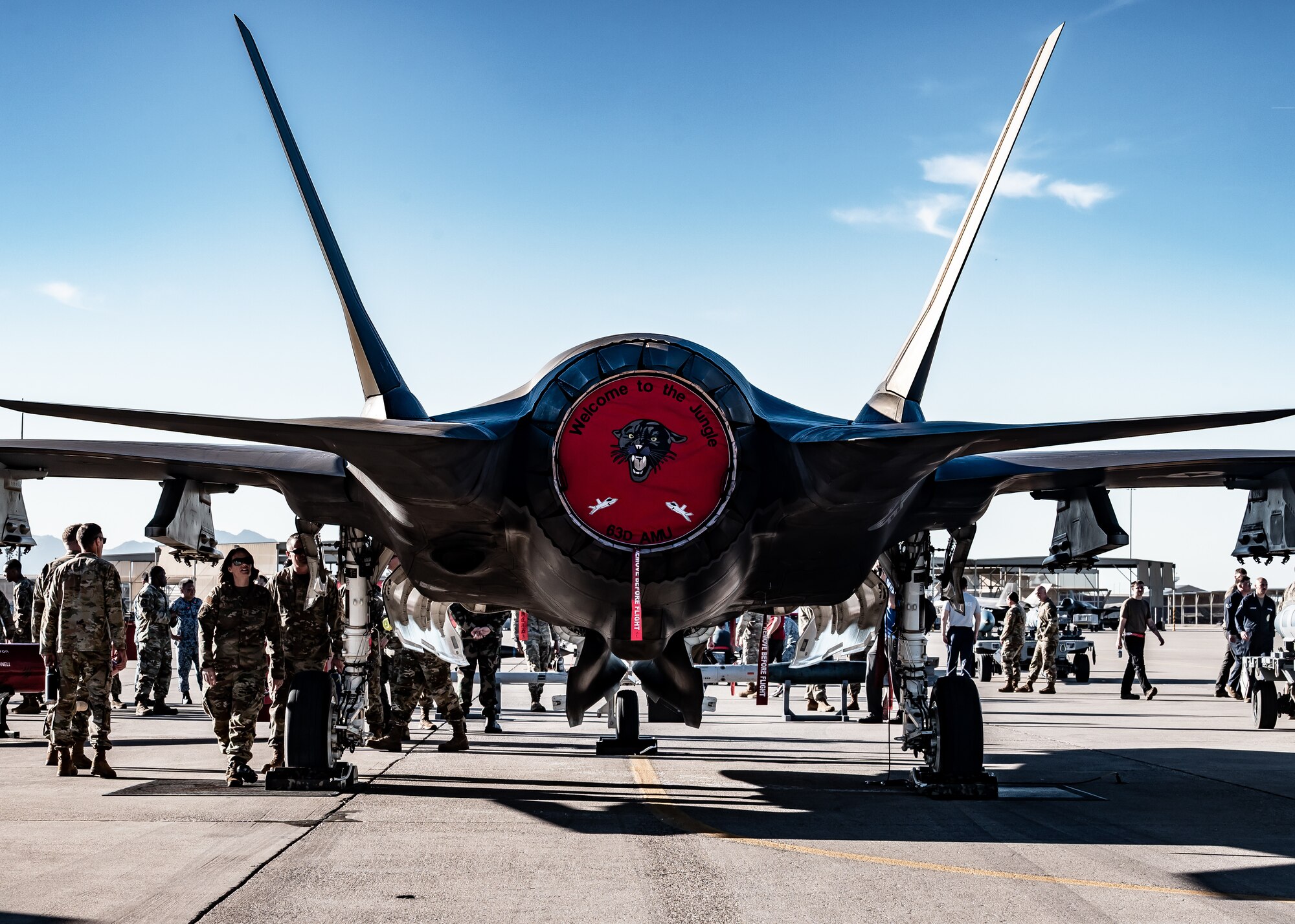 An F-35A Lightning II assigned to the 63rd Aircraft Maintenance Unit undergoes an inspection during a Dedicated Crew Chief competition