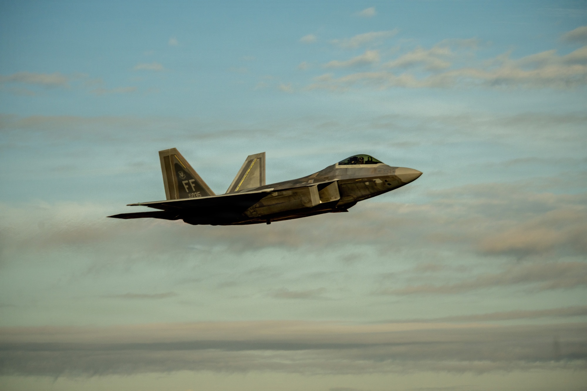 A U.S. Air Force F-22 Raptor aircraft assigned to the 1st Fighter Wing, Joint Base Langley-Eustis, Virginia, takes off from the Savannah Combat Readiness Training Center (CRTC) during exercise Sentry South 26.1 at the Savannah Air National Guard Base, Georgia, Jan. 23, 2026. Sentry South 26.1 in Savannah is an Air National Guard-led counterair exercise held at the Georgia CRTC, also known as the Air Dominance Center, that trains hundreds of participants annually in offensive and defensive counterair missions with 4th- and 5th-generation aircraft to enhance combat readiness and joint integration.