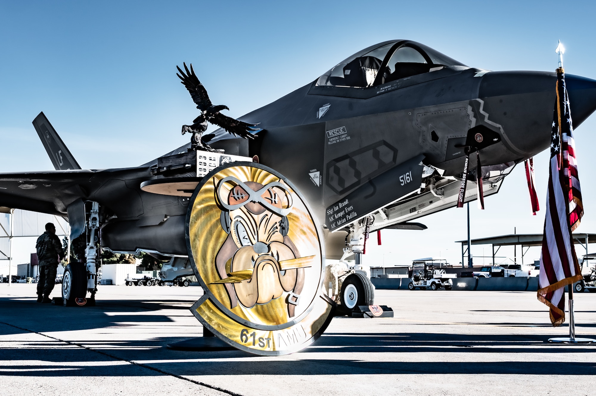 An F-35A Lightning II assigned to the 61st Aircraft Maintenance Unit sits on the flight line during a Dedicated Crew Chief competition