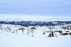 Soldiers and Airmen ski march up a mountain as part of NOREX.