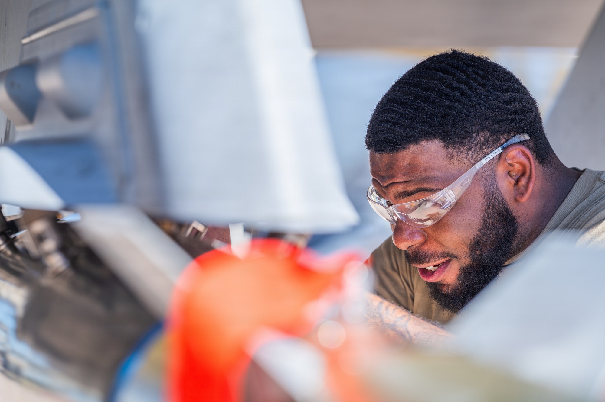 U.S. Air Force Senior Airman Yahdi Kelly, 62nd Aircraft Maintenance Unit weapons load crew member, participates in an annual weapons load competition, Feb. 27, 2026, at Luke Air Force Base, Arizona.