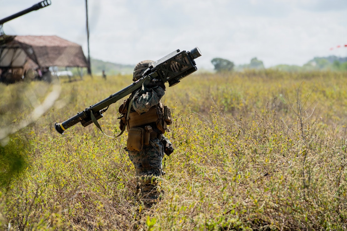U.S. Marine Corps Lance Cpl. Ezekial Robinson, a low altitude air defense gunner, assigned to 1st Low Altitude Air Defense Battalion, I Marine Air Wing, prepares to aim an FIM-92 Stinger surface-to-air missile during a counter landing operation part of Exercise Cobra Gold 2026 at Hat Yao beach, Rayong Province, Thailand, Feb. 28, 2026.