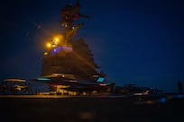 An F/A-18 Super Hornet, assigned to Carrier Air Wing 8, lands on the flight deck of the world’s largest aircraft carrier, USS Gerald R. Ford (CVN 78), while operating in the Eastern Mediterranean Sea in support of Operation Epic Fury, March 2, 2026. (U.S. Navy photo)