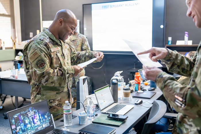 Students attending the Air Force First Sergeant Academy at Air University participate in a classroom discussion on Maxwell Air Force Base, Alabama, March 5, 2026