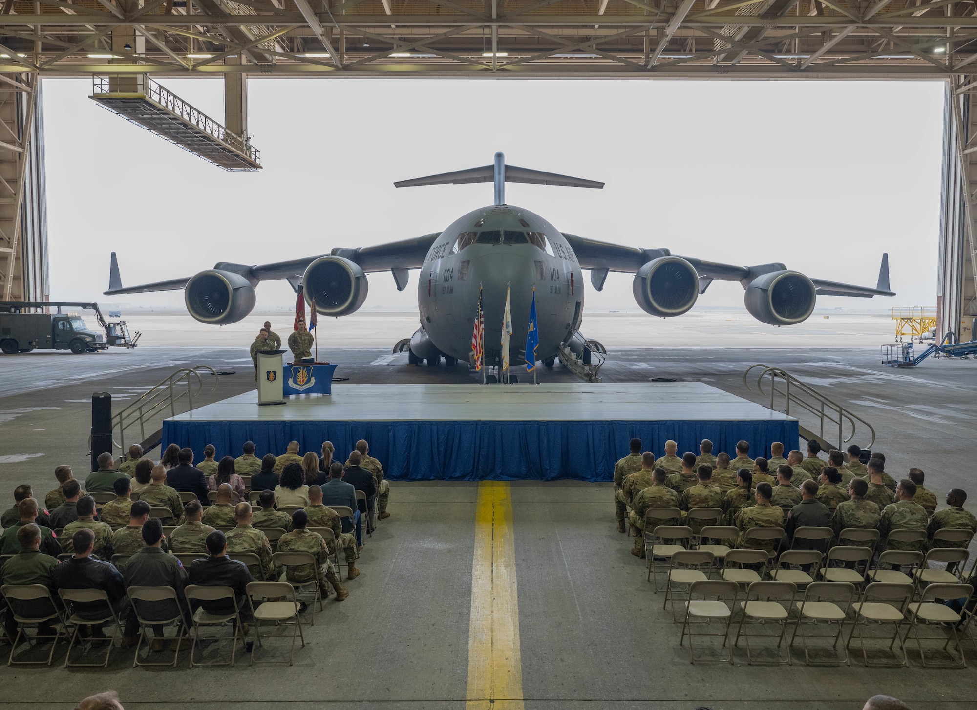 A U.S. Air Force C-17 Globemaster III aircraft is displayed during a Joint Medals Ceremony at Altus Air Force Base (AFB), Oklahoma, March 4, 2026. For over 20 years, Altus AFB’s 58th Airlift Squadron and the 97th Logistics Readiness Squadron have worked together to train members of the 5-5 Air Defense Artillery Battalion, assigned to Fort Sill) on proper C-17 loading procedures for a wide variety of Army combat vehicles. (U.S. Air Force photo by Airman 1st Class Emma Wright)