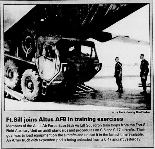 A newspaper clipping shows members of the 58th Airlift Squadron training troops from Fort Sill Field Auxiliary Unit on airlift standards and procedures on C-15 and C-17 aircrafts, at Altus Air Force Base, Oklahoma, Aug. 25, 1999. An Army truck with an expended pod is being unloaded from a C-17 aircraft. (Courtesy photo from the Altus Times by Tina Fowble)