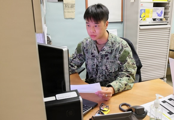 TWENTYNINE PALMS, Calif. (March 2, 2026) — Hospitalman Apprentice Jia Min PanZheng enters audiometric test data into a patient’s electronic health record at the Adult Medical Care Clinic aboard Marine Corps Air Ground Combat Center Twentynine Palms, March 2, 2026. The screening supports hearing conservation efforts that help ensure service members remain medically ready for operational missions. (U.S. Navy photo by Christopher Jones, NMRTC Twentynine Palms public affairs officer)