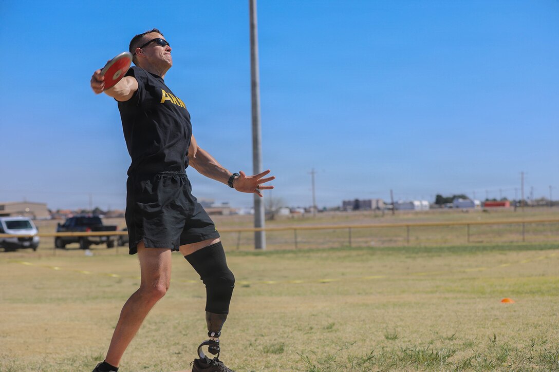 U.S. Army Capt. Eric Blake throws a discus March 4, 2026, during a field competition at Fort Bliss, Texas, during the 2026 Army Trials.