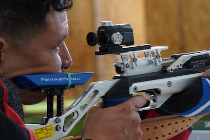U.S. Army Sgt. Jeffrey Easley, assigned to Fort Hood, Texas, focuses on the air rifle target March 2, 2026, during the air rifle competition at the 2026 Army Trials on Fort Bliss, Texas.