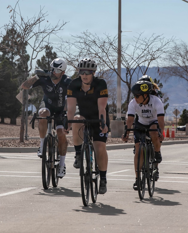 U.S. Army Veteran Kyra Maggio, No. 38, pedals alongside fellow vets as they work toward the finish line as part of Army Trials 2026, March 1, 2026, at Fort Bliss, Texas.