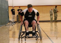 U.S. Army Staff Sgt. Tyler Pollard participates in agility drills during wheelchair basketball practice, Feb. 26, 2026, at the Joshua W. Soto Physical Fitness Center, Fort Bliss, Texas.