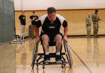 U.S. Army Staff Sgt. Tyler Pollard participates in agility drills during wheelchair basketball practice, Feb. 26, 2026, at the Joshua W. Soto Physical Fitness Center, Fort Bliss, Texas.