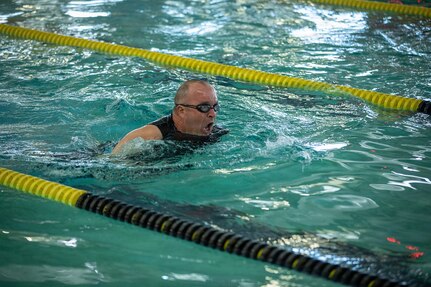 U.S. Army 1st Sgt. Luis Goenaga Beauchamp from the Army Recovery Care Program swims competitively in the U.S. Army Trials at the Morale, Welfare and Recreation Aquatics Training Center on Fort Bliss, Texas, Feb. 28, 2026.