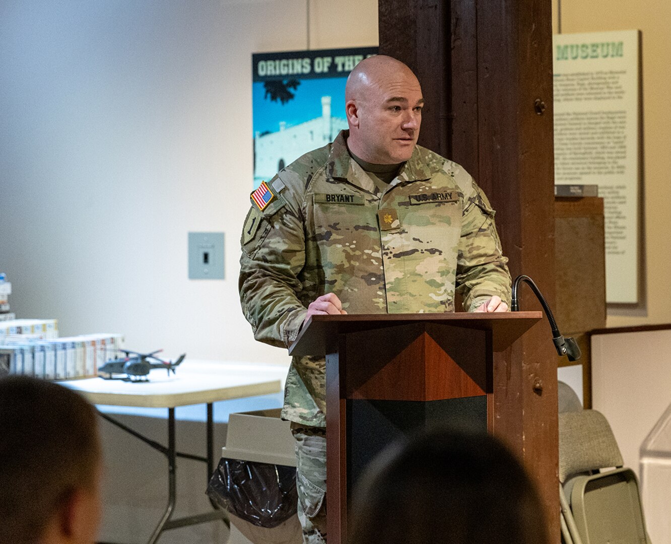 Newly promoted Maj. Aaron Bryant thanks friends and family for their support throughout his military career during a promotion ceremony March 5 at the Illinois State Military Museum in Springfield.