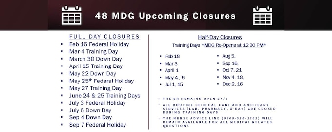 View our upcoming closures. All routine clinical care and ancillary services (lab, pharmacy, x-ray) are closed. The Nurse Advice Line will remain open for all medical related questions. 0800-028-3263