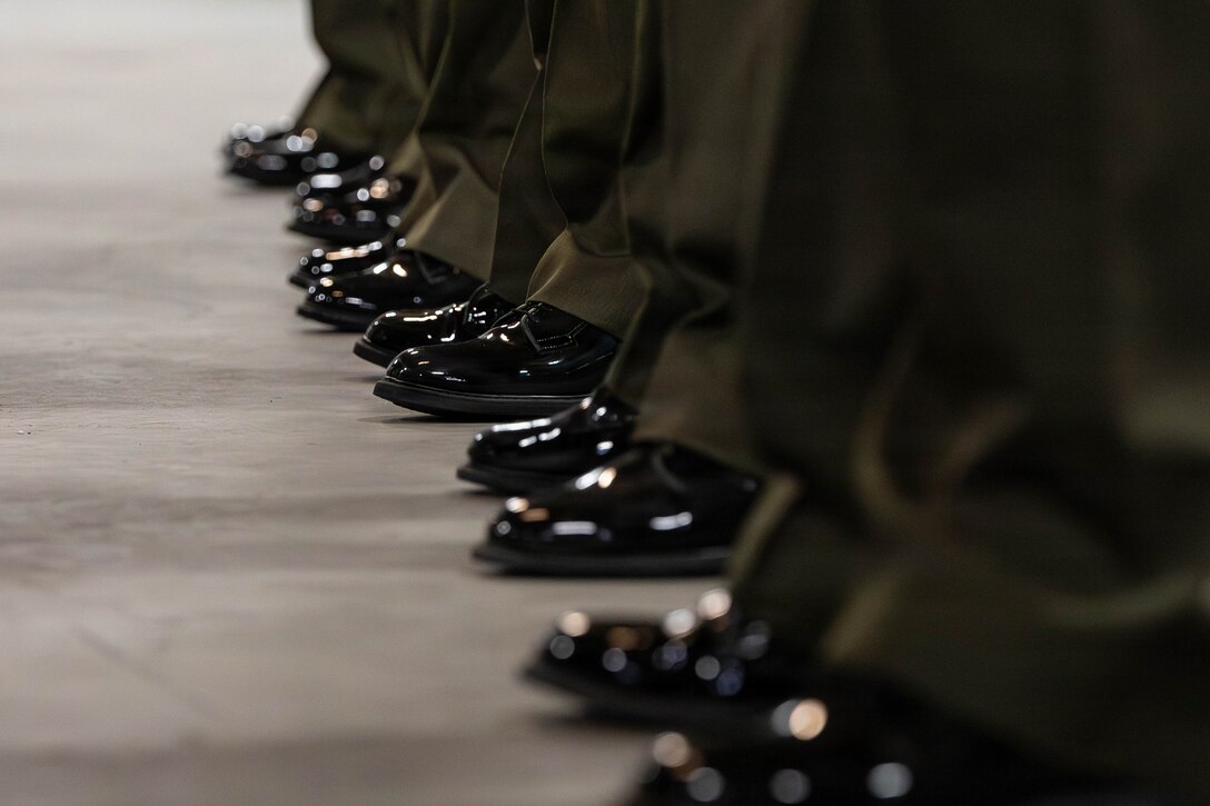 U.S. Marines with Marine Forces Reserve stand during a uniform inspection at Marine Corps Support Facility New Orleans, Feb. 27, 2026. The inspection was conducted to evaluate the Marines’ appearance and adherence to standards while promoting discipline and attention to detail. (U.S. Marine Corps photo by Lance Cpl. Van Hoang)