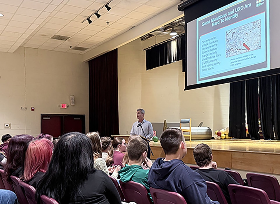 Ray Livermore, U.S. Army Corps of Engineers, Wilmington District environmental engineer, talked to 350 Van Buren County middle and high school students in Spencer, Tennessee, about the 3Rs of Explosives Safety (Recognize, Retreat and Report). The Spencer Artillery Range Formerly Used Defense Sites property encompasses 30,618 acres in three different counties close to McMinnville and Spencer, Tennessee, and was an active training range from 1941-1944. (USACE photo)