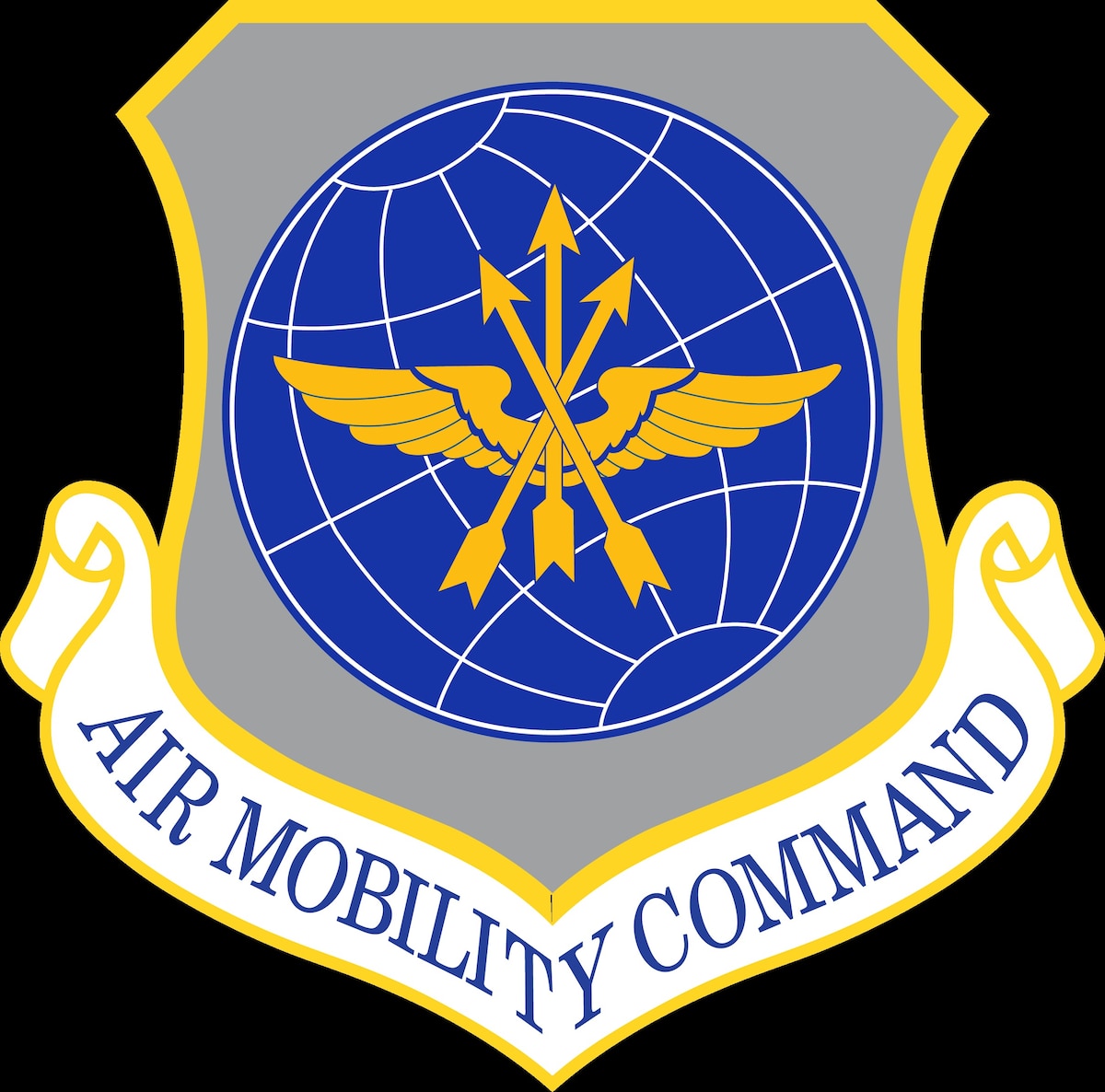 The Air Mobility Command patch is adorned with a globe, wings, and arrows.