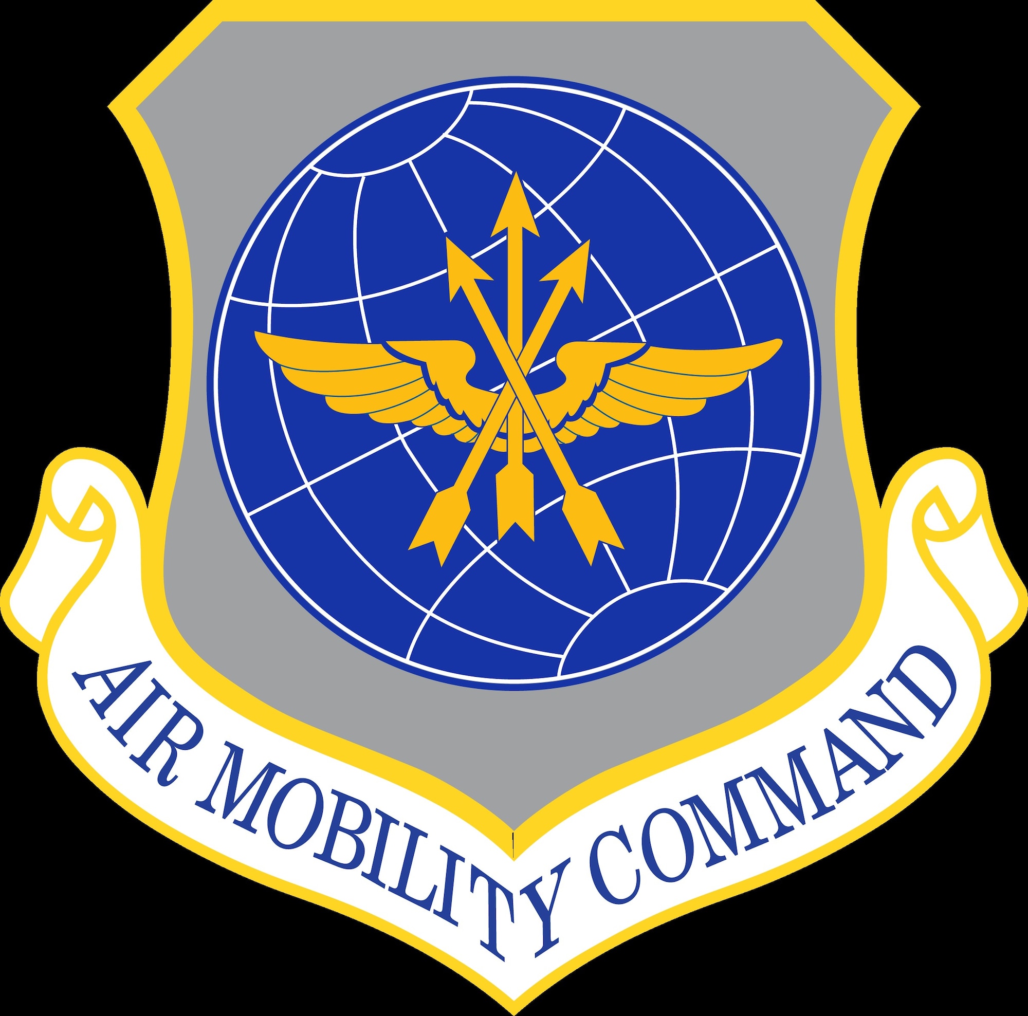 The Air Mobility Command patch is adorned with a globe, wings, and arrows.