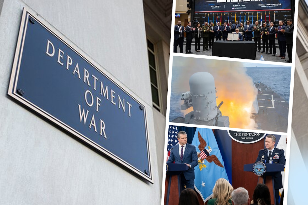 In a graphic, three photographs are stacked next to the Department of War sign on a building.