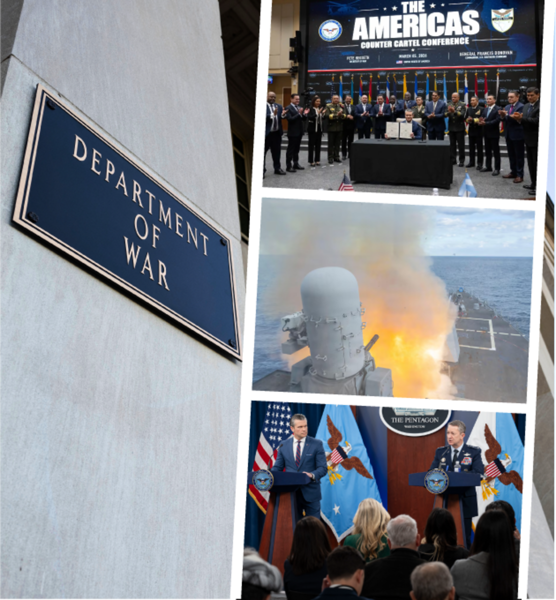 In a graphic, three photographs are stacked next to the Department of War sign on a building.