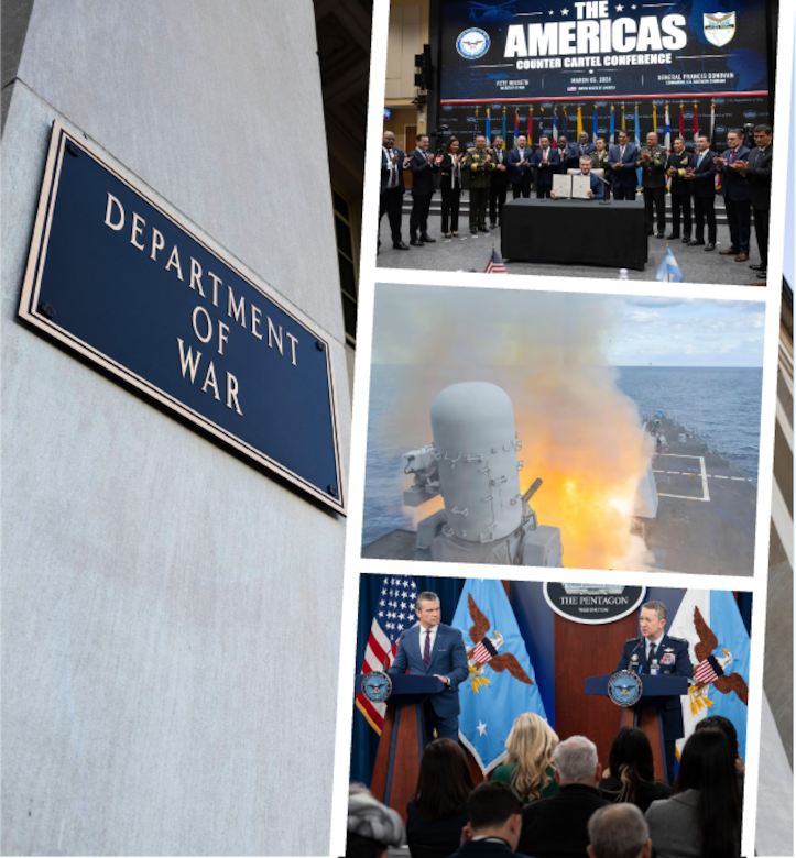 In a graphic, three photographs are stacked next to the Department of War sign on a building.